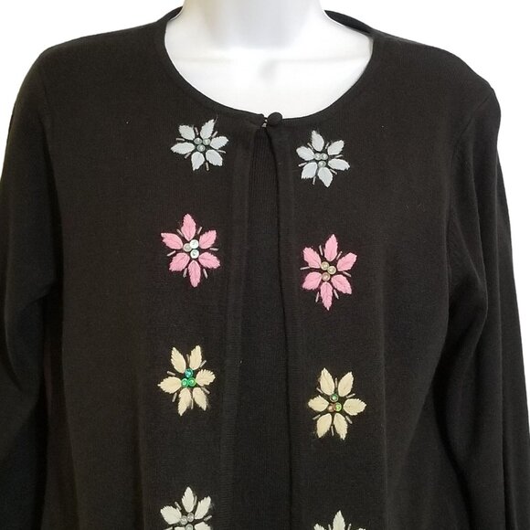 Sag Harbor Womens Sweater S Vintage Knit Black Embroidered Flowers Twofer Sequin - Picture 2 of 15